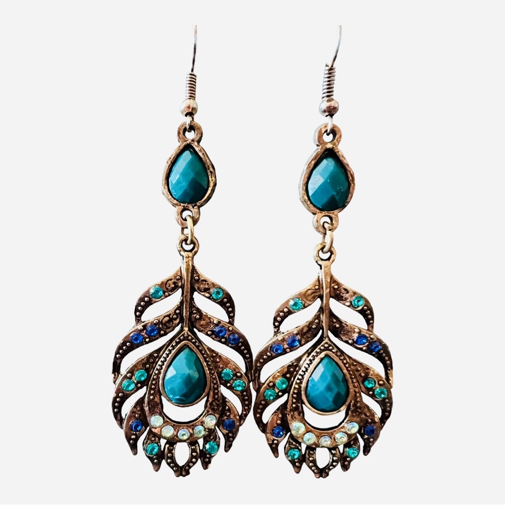 Peacock/Floral Drop Bronze Earrings with Shimmering Inlayed Hues of Blues 🦚✨🔹